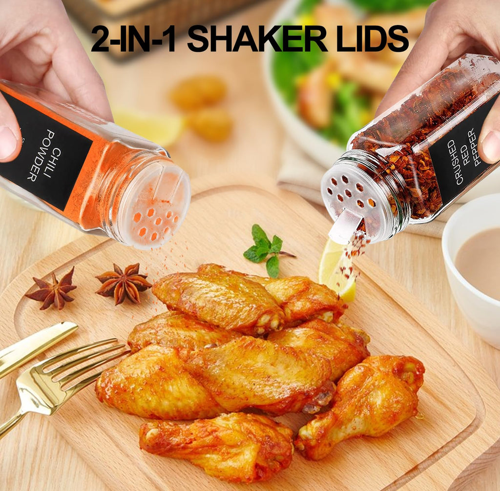 AISIPRIN 24 Pcs Glass Spice Jars with 398 Labels, 4oz Empty Square Containers Seasoning Bottles - Shaker Lids, Funnel, Brush and Marker Included(Black Metal Caps)