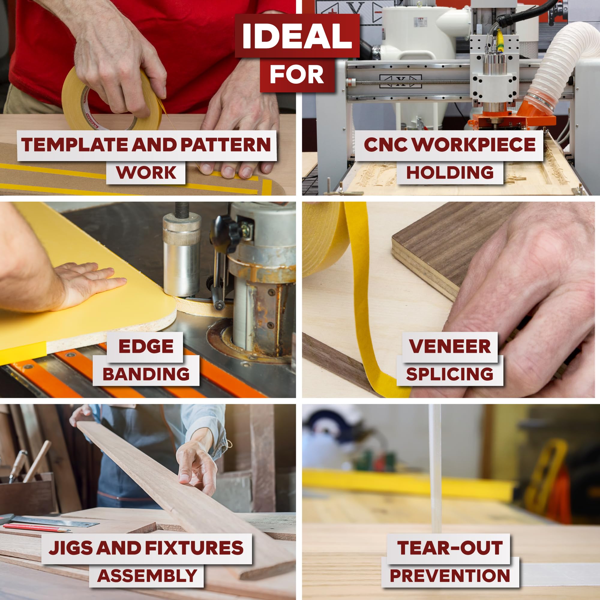XFasten Double Sided Woodworking Tape, 1 Inch x 180 Feet (3-Pack) - Residue-Free, Surface-Safe Router Template Tape for Delicate MDF, Hardwood, Acrylic, Metal, CNC Machines, Woodworkers, and Turners