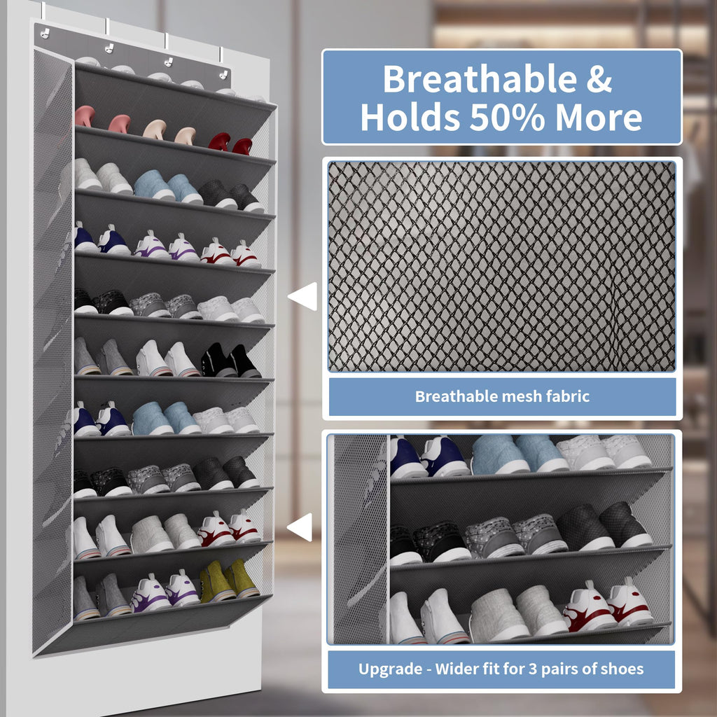TAHAVICE 10-Tier Large Size Over The Door Shoe Organizer, Holds 30 PairsHanging Shoe Rack with Deep Pockets for Closet, Space-Saving Storage for Sneakers, Boots (Grey)