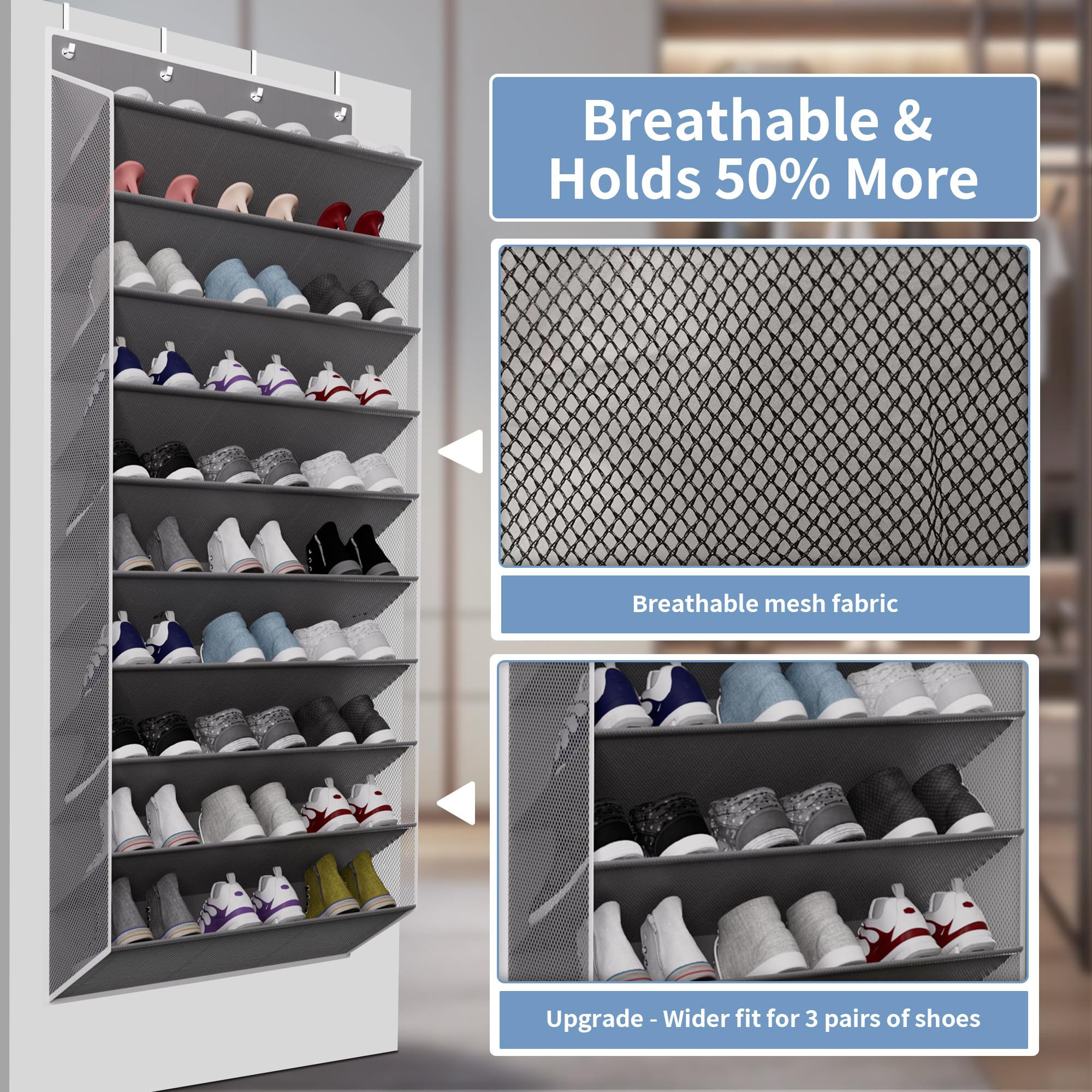 TAHAVICE 10-Tier Large Size Over The Door Shoe Organizer, Holds 30 PairsHanging Shoe Rack with Deep Pockets for Closet, Space-Saving Storage for Sneakers, Boots (Grey)