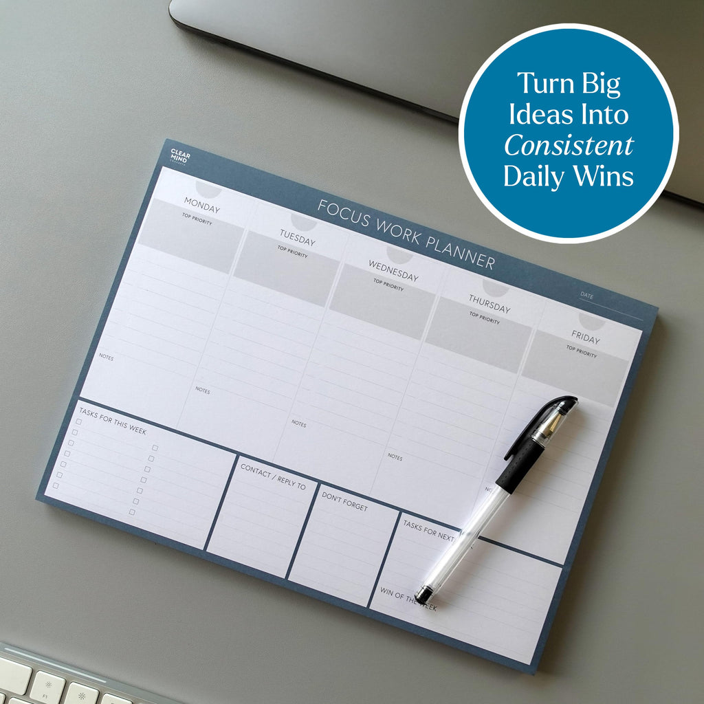 Clear Mind Concepts® Focus Work Planner Pad - A4 Weekly Productivity Desk Pad, 52 Undated Tear-Off Sheets (29.7 × 21cm) - Track Priorities, Tasks, Notes & Goals for Office, School & Home