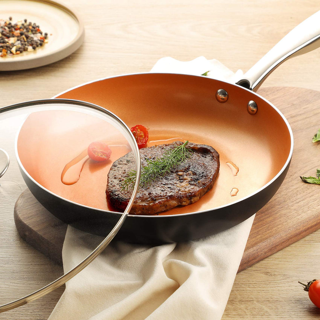 MICHELANGELO 10 Inch Non Stick Frying Pan with Lid, Ceramic Copper Frying Pan, Non-Toxic Skillet with Lid, Induction Compatible, Oven and Dishwasher Safe