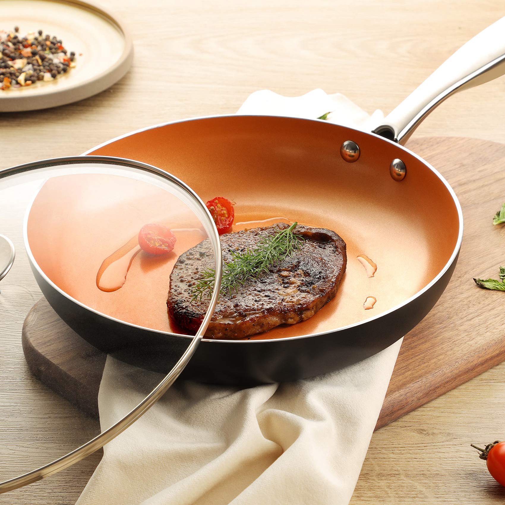 MICHELANGELO 10 Inch Non Stick Frying Pan with Lid, Ceramic Copper Frying Pan, Non-Toxic Skillet with Lid, Induction Compatible, Oven and Dishwasher Safe