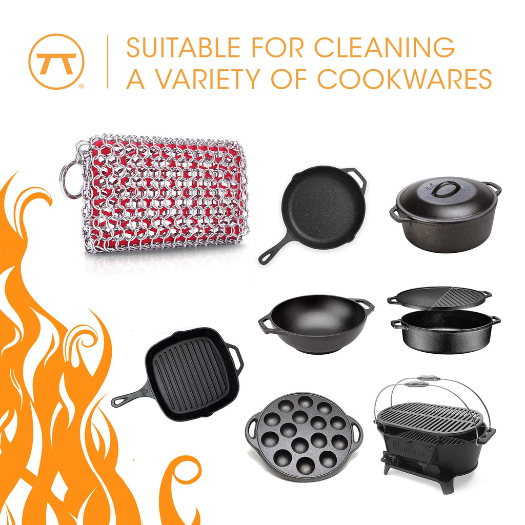 Outset Chain Mail Cast Iron Cleaner and Scrubber Tool with Silicone Support Pad