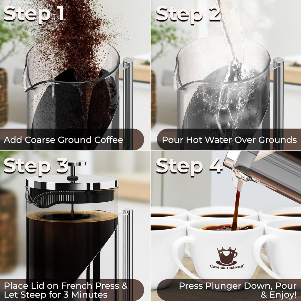French Press Coffee Maker 34oz – Stainless Steel & Glass Coffee Press with 4-Level Filtration, BPA-Free Cafetiere for Camping or Home – Large, Durable for Hot & Cold Brew