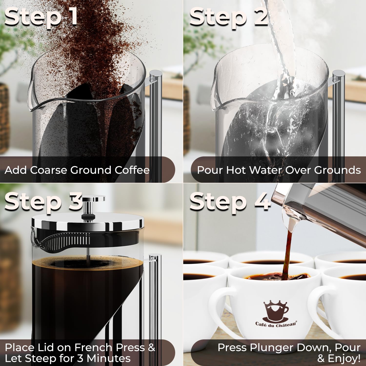 French Press Coffee Maker 34oz – Stainless Steel & Glass Coffee Press with 4-Level Filtration, BPA-Free Cafetiere for Camping or Home – Large, Durable for Hot & Cold Brew