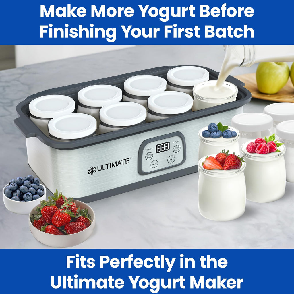 Ultimate Yogurt Jars - Make More Delicious Yoghurt! 8 Count Small Glass Yogurt Cups With Lids - 100% BPA Free, Airtight & Dishwasher Safe! Perfect Containers for Yoghurt, Oatmeal, Pudding, or Jello
