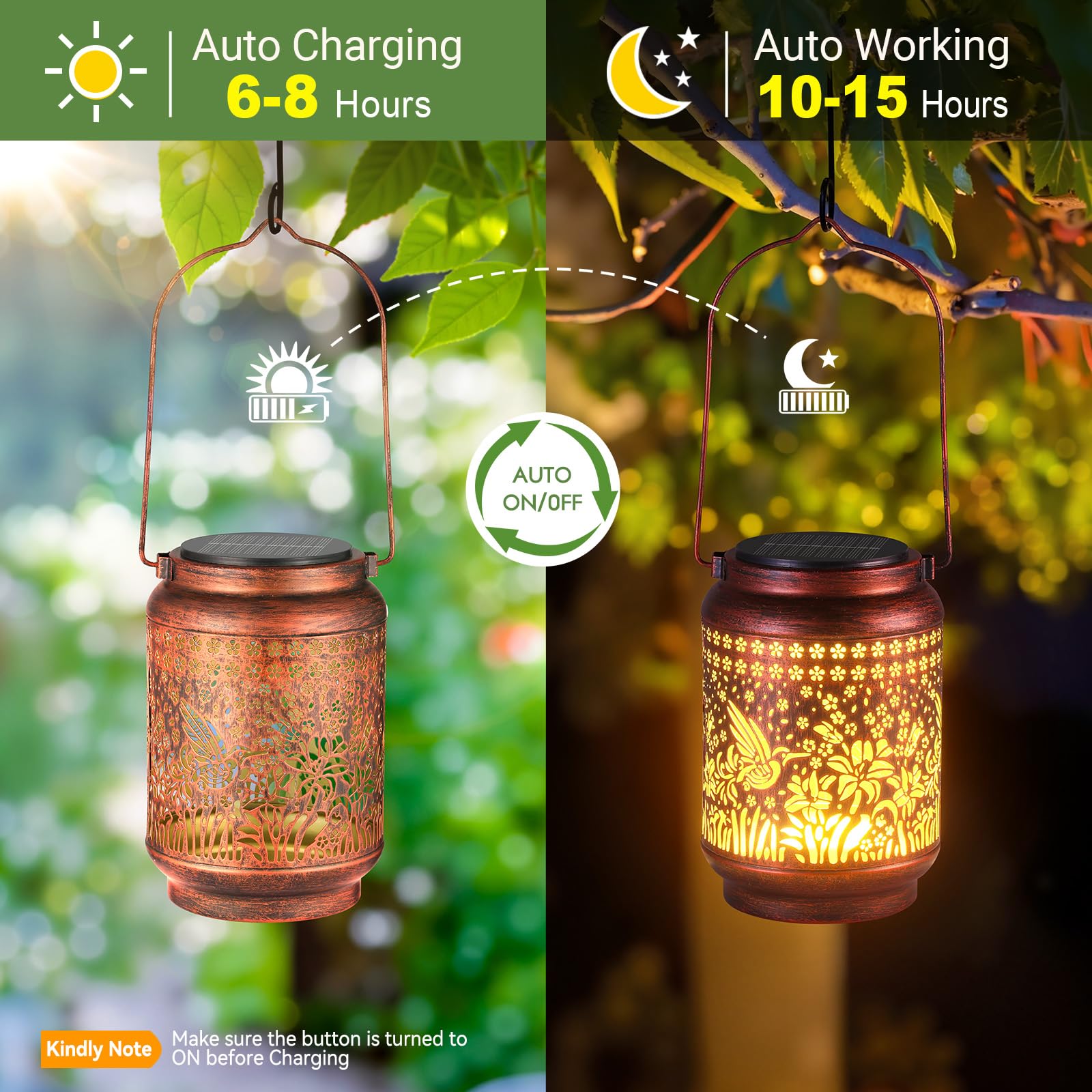 KOOPER Solar Lanterns Outdoor Waterproof Birthday Gifts for Women Mon Grandma, Brighter Hummingbird Hanging Solar Lantern Lights Outdoor, 2 Modes Metal Outdoor Decoration for Yard, Patio(1 Pack)