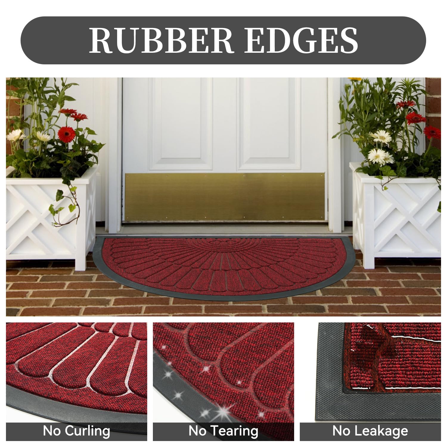 Front Door Mat Outdoor Indoor Welcome Mat-Semicircular 43X75CM Non Slip Heavy Duty Rubber Doormat-Absorbent Entryway Rug Entrance Doormat Entry Rug Dirt Scraping Shoe Mat Red