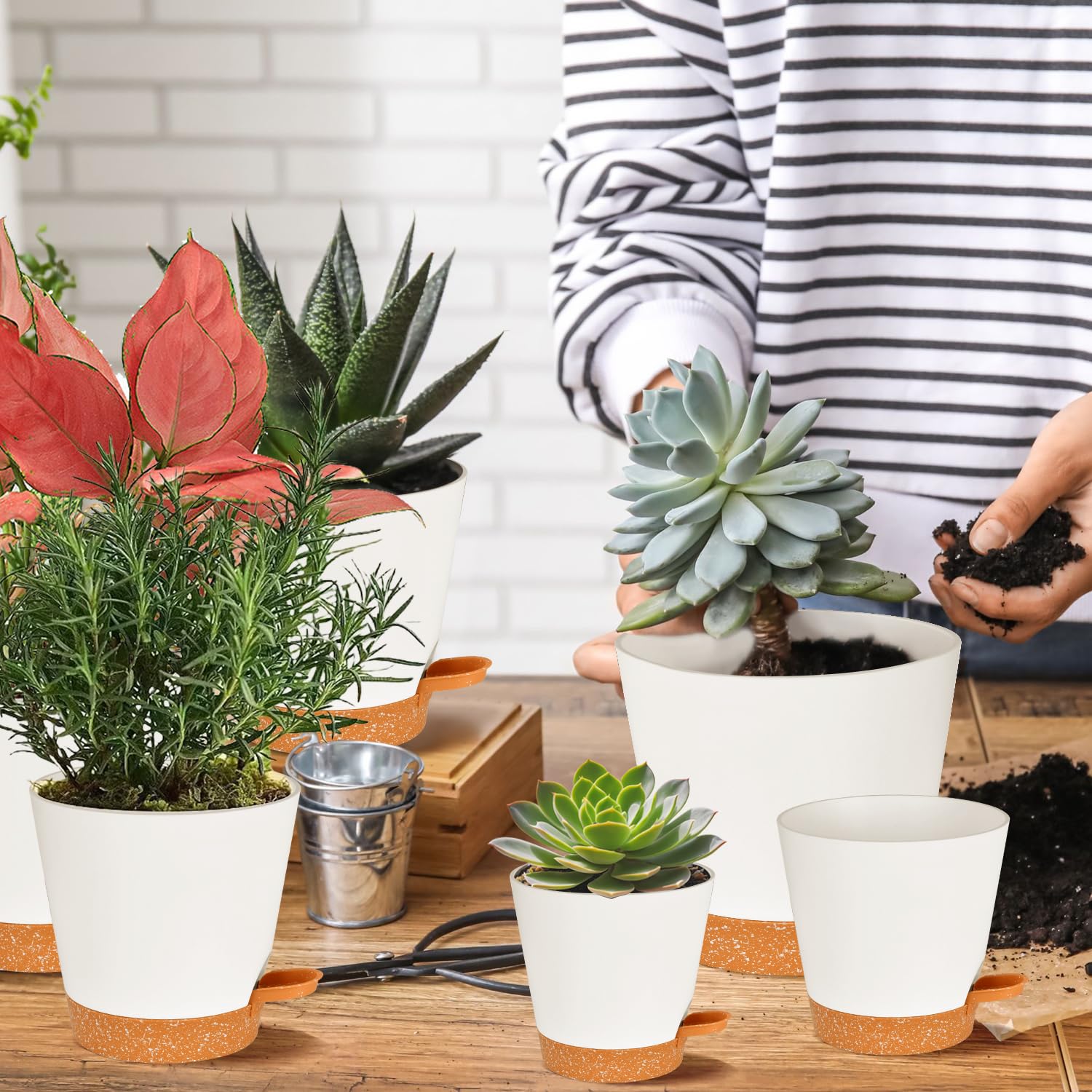 Plant Pots 5 Pack 7+6.5+6+5.5+5 Inch, Self Watering Planters with Drainage Hole, Plastic Plant Pots Indoor Decorative Modern Planting for Various Plants, Planters for Indoor Plants