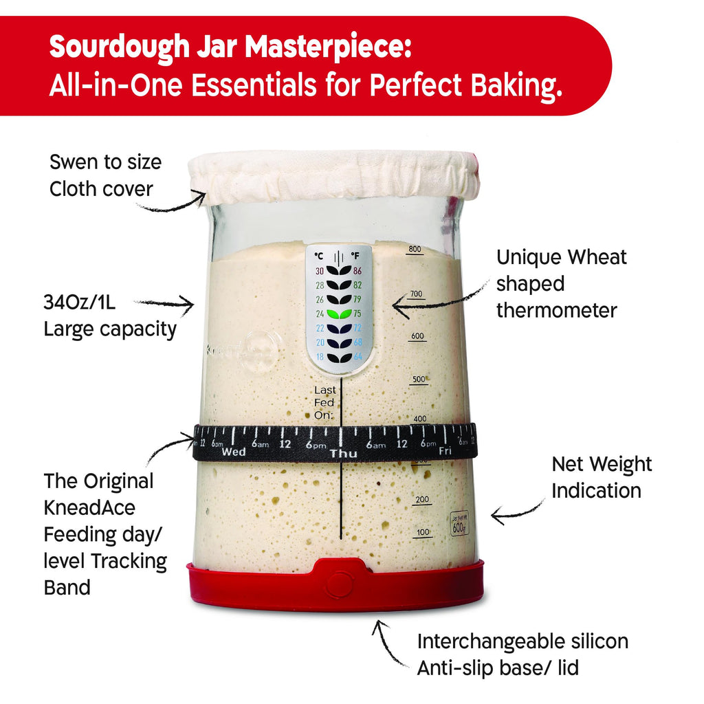 KneadAce Pro Sourdough Bread Starter Kit - 34 oz Large Capacity Sourdough Starter Jar with 5 unique features for the perfect sour dough bread & sourdough starter kit - sourdough bread baking supplies