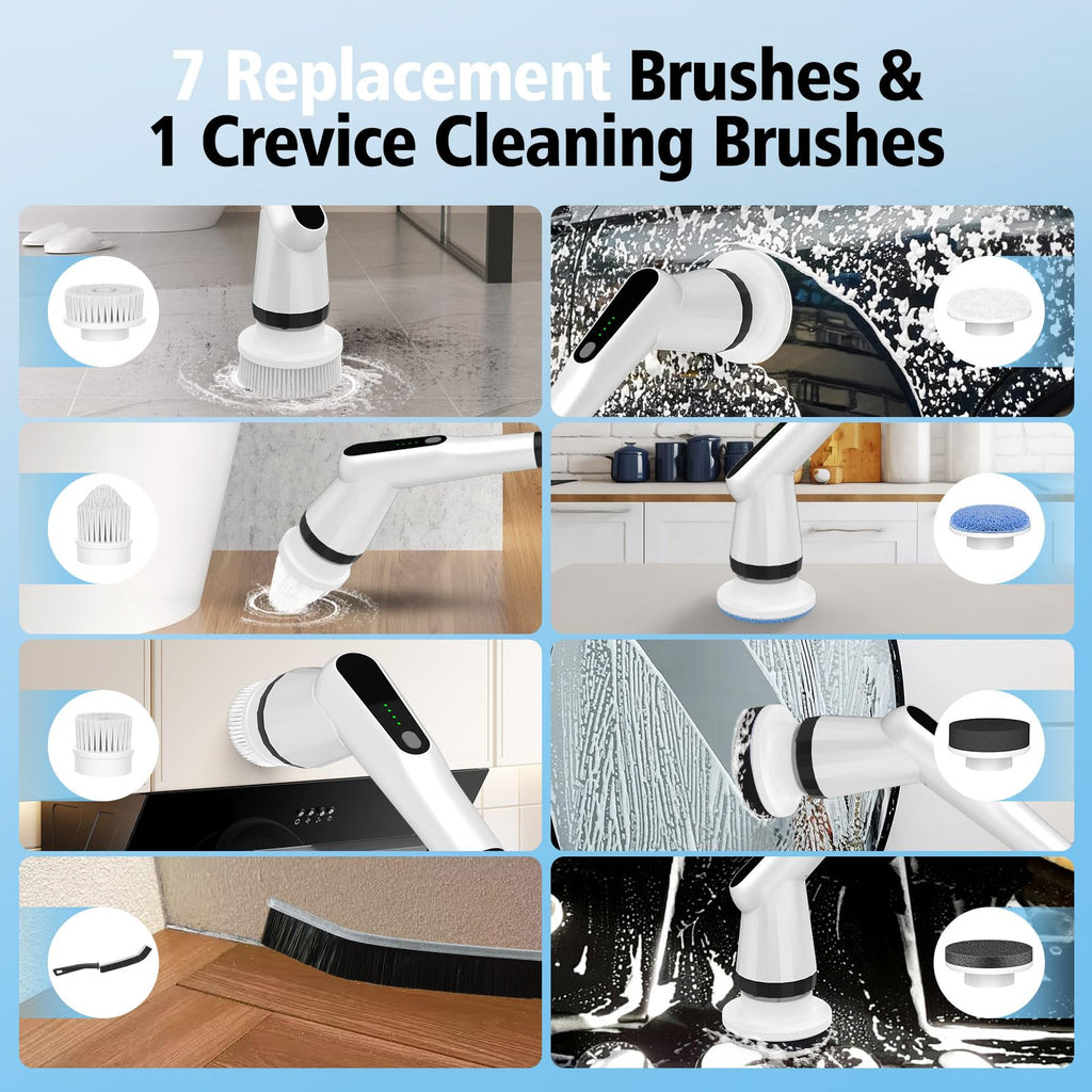 Electric Spin Scrubber, Dreazu IPX7 10-in-1 Bathroom Scrubber， Retractable Handle, 2-Speed Adjustable Shower Cleaner Brush for Bathroom, Bathtub, Kitchen, Tile Floors-White