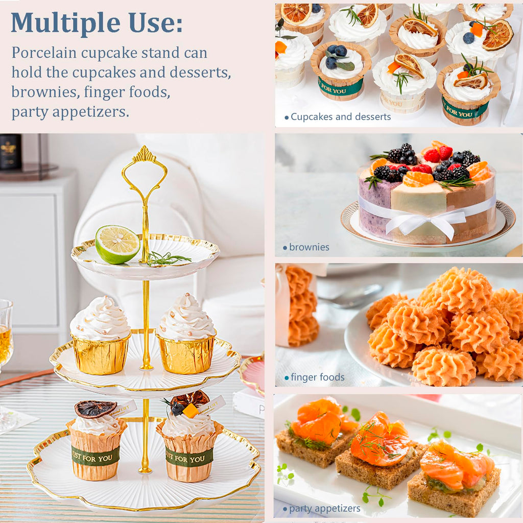 BPFY 3 Tier Porcelain Cupcake Stand, Ceramic Tiered Tray, Dessert Stands, 3 Tier Cupcake Serving Stand for Tea Party, Baby Shower, Birthday, Wedding