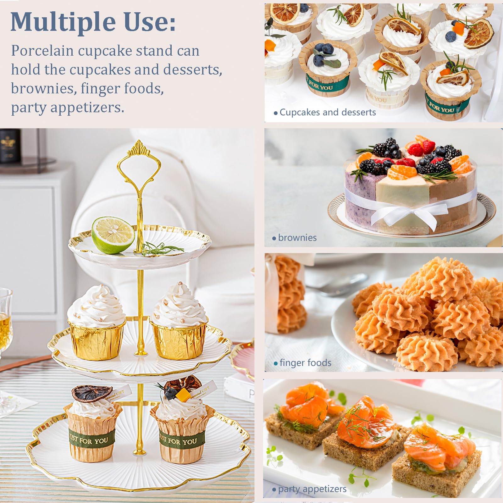 BPFY 3 Tier Porcelain Cupcake Stand, Ceramic Tiered Tray, Dessert Stands, 3 Tier Cupcake Serving Stand for Tea Party, Baby Shower, Birthday, Wedding