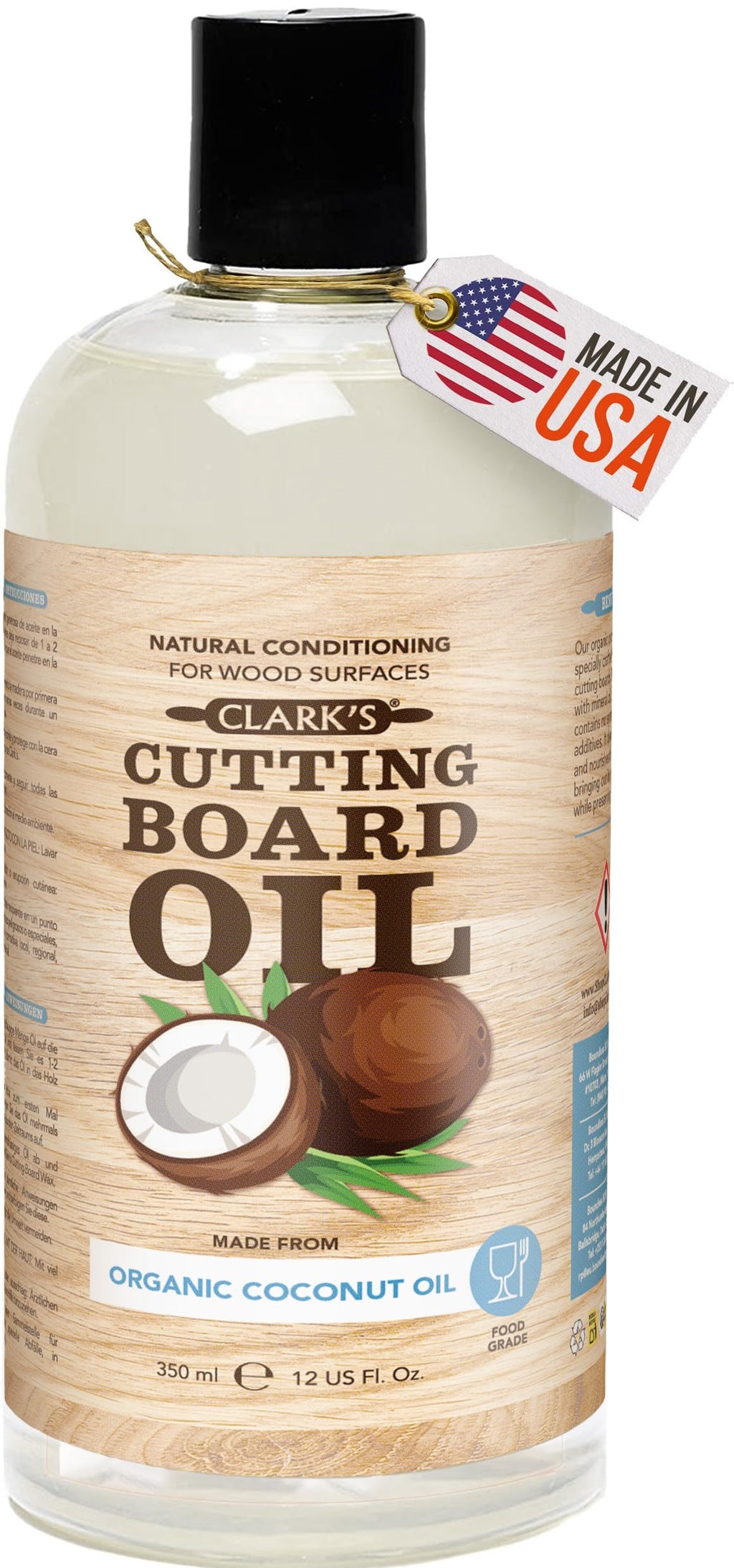 CLARK'S Cutting Board Oil - Pure Organic Coconut Oil for Wood Cutting Board - Butcher Block Conditioner - Restores and Protects Wood, 355ml