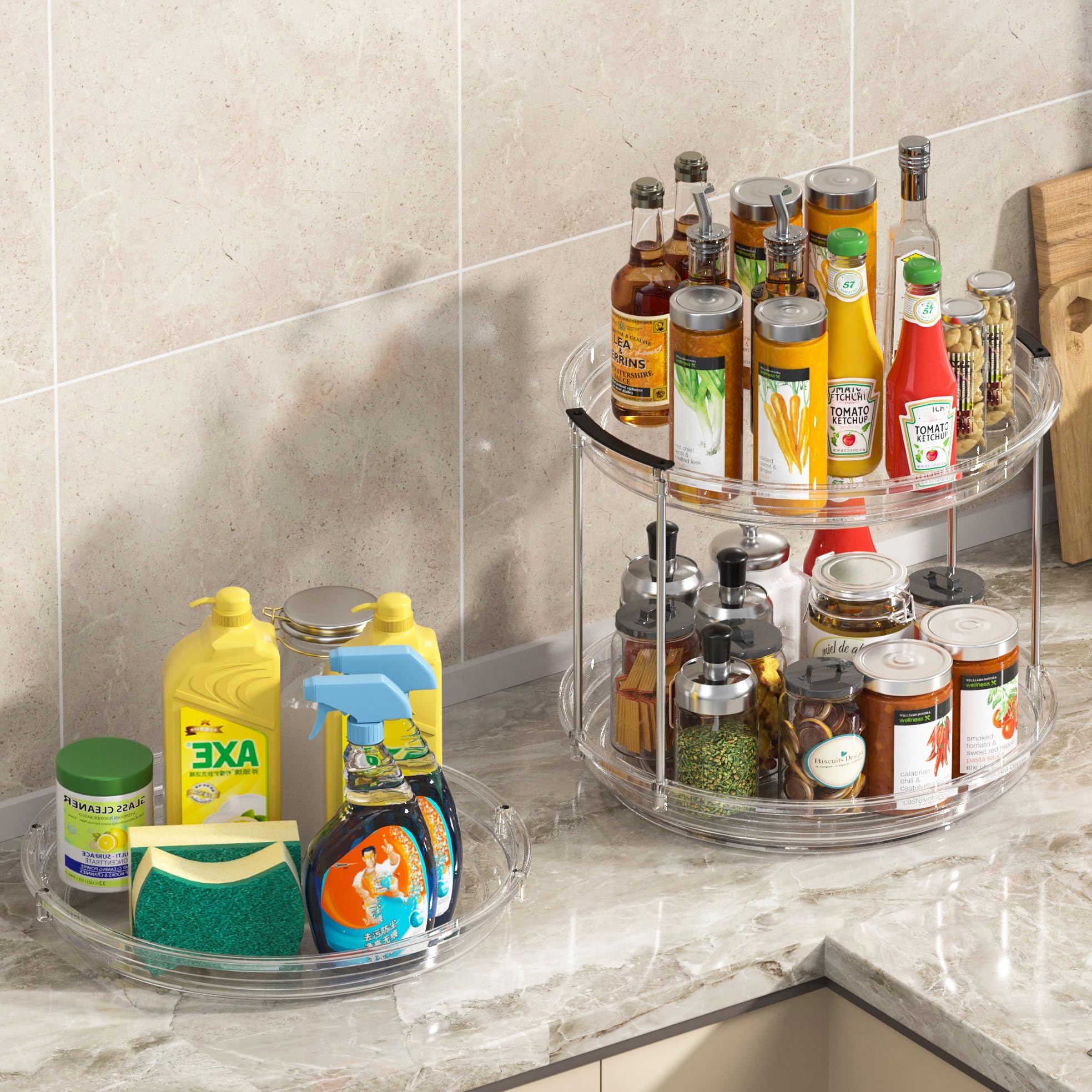 KEGFRES Lazy Susan 2 Tier Organizer Turntable Organization for Cabinet, Rotating Spice Rack Kitchen,Pantry, Bathroom,Makeup Vanity Countertop, Under Sink Organizing(Clear, 9.25in-1Pack)