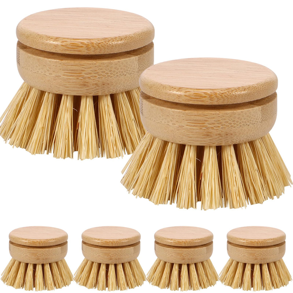 Bamboo Dish Brush, 6 Replacement Heads, Natural Washing Up Brushes Heads, Dish Scrub Brush Replacement Brush Refill, Soft Sisal Bristle Dish Scrubber, Brush for Kitchen Cleaning Pots Pans