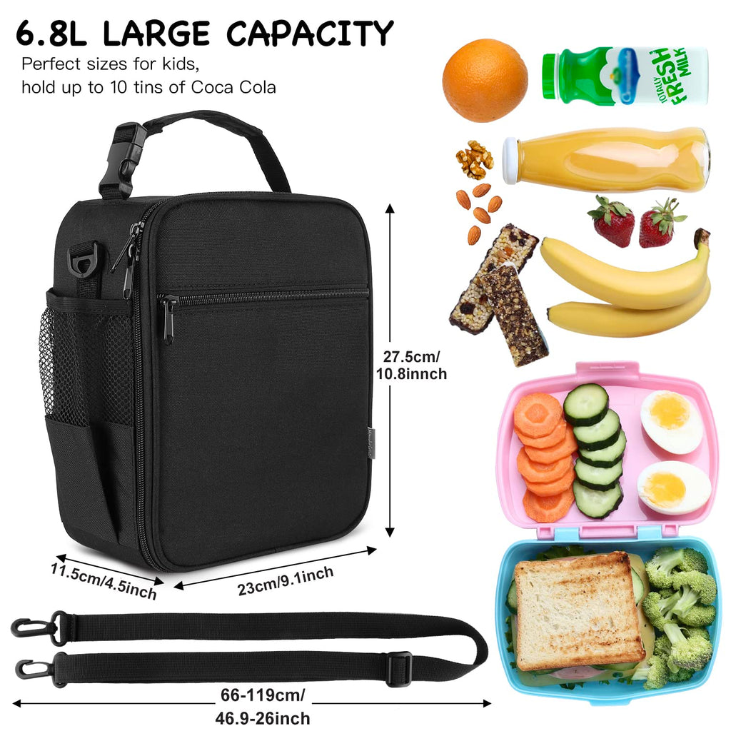 hombrima Kids Insulated Lunch Box Bag, Thermal Picnic Cool Bags with Adjustable Strap for Adults Children Women Men Boys Girls School Work(Black)