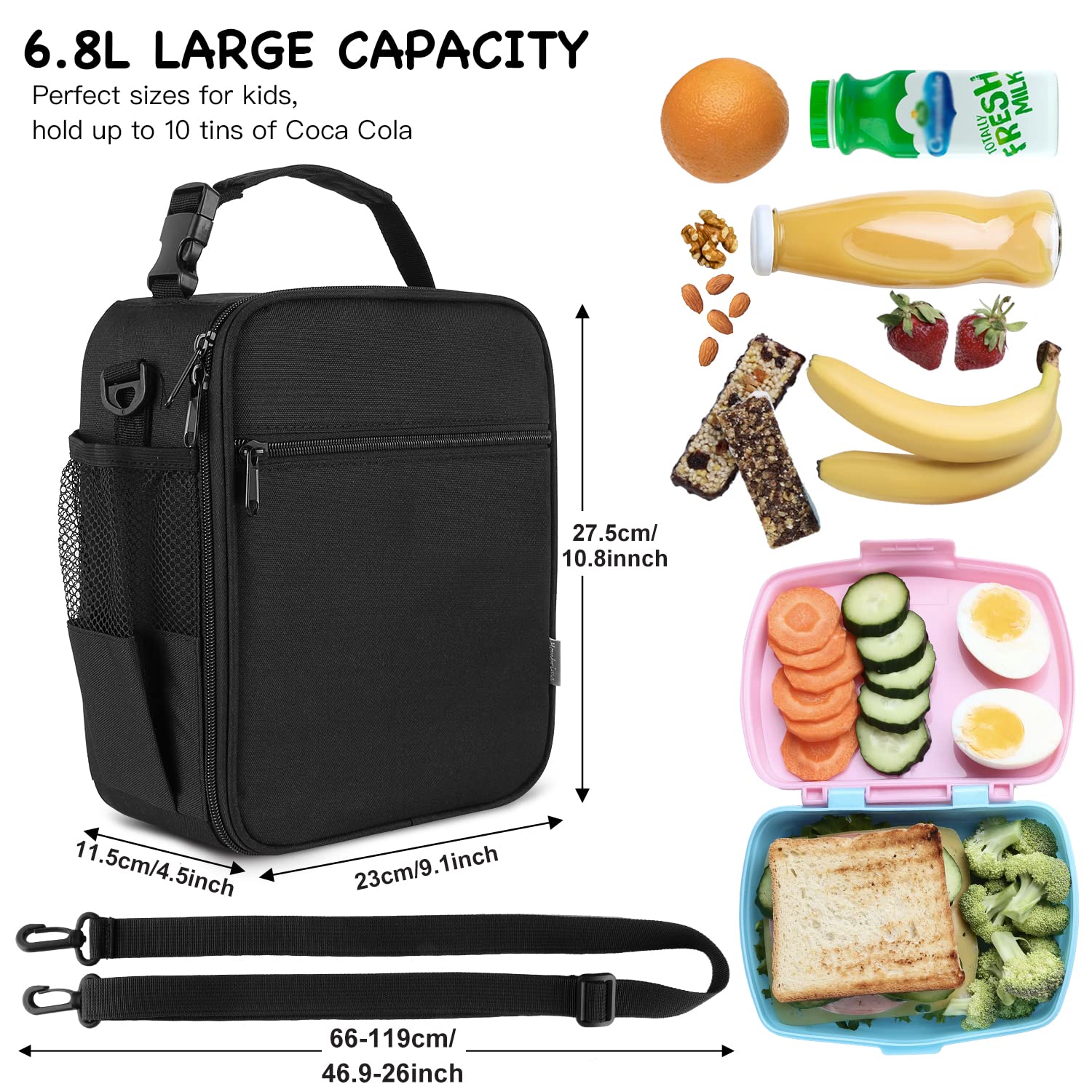 hombrima Kids Insulated Lunch Box Bag, Thermal Picnic Cool Bags with Adjustable Strap for Adults Children Women Men Boys Girls School Work(Black)
