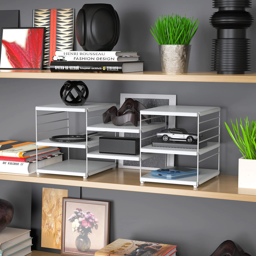 Simple Houseware Expandable Counter Shelf Organizer, Adjustable Storage Rack for Kitchen Cabinets, Pantry, or Desktop Accessories, 9.5" D x 23" W x 9.25" H, White