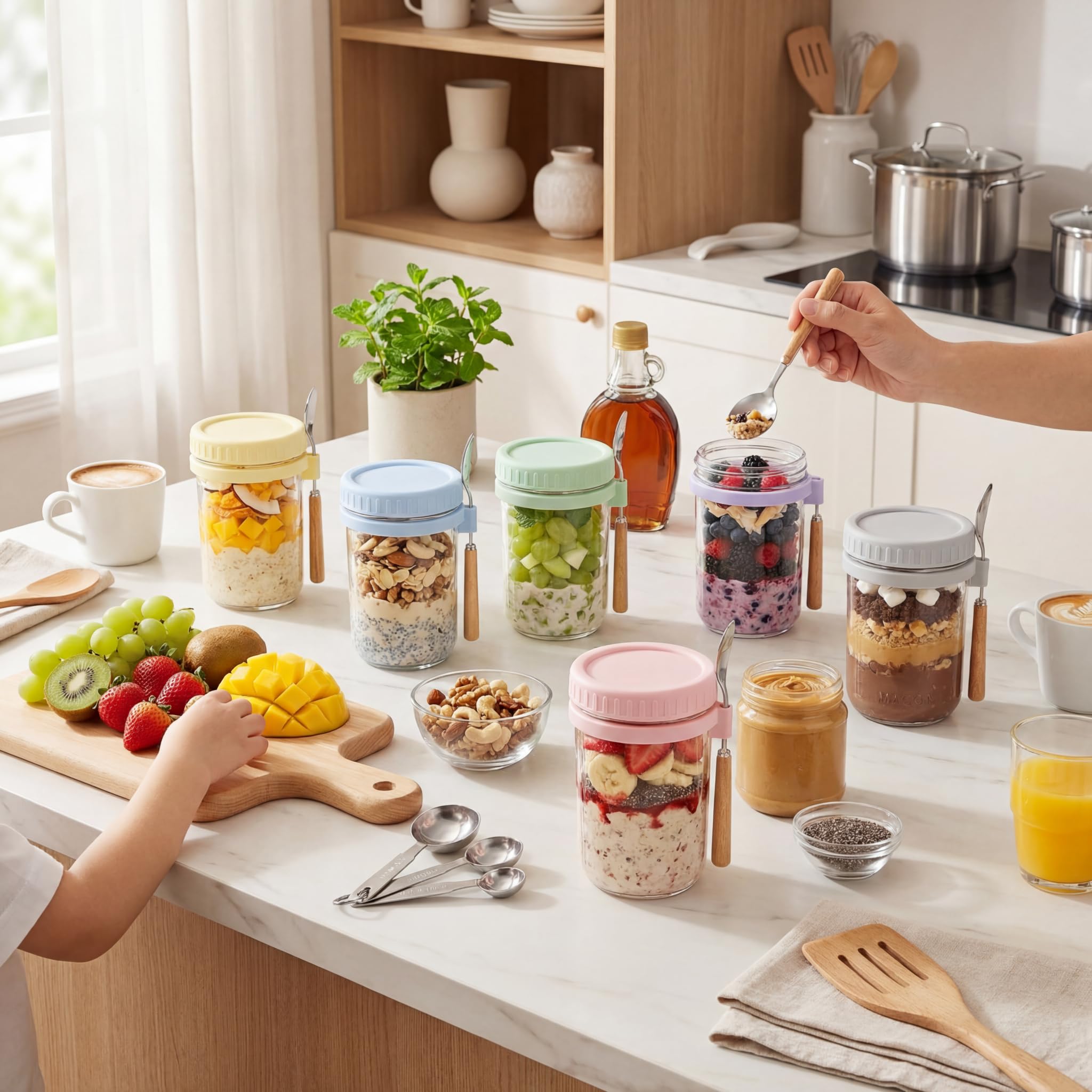HomArtist Glass Overnight Oats Containers with Lids and Spoon, 16 oz Wide Mouth Mason Jars for Overnight Oats, Cereal, Yogurt & Salad Lunch Container with Measurement Marks - Pink 4 Pack