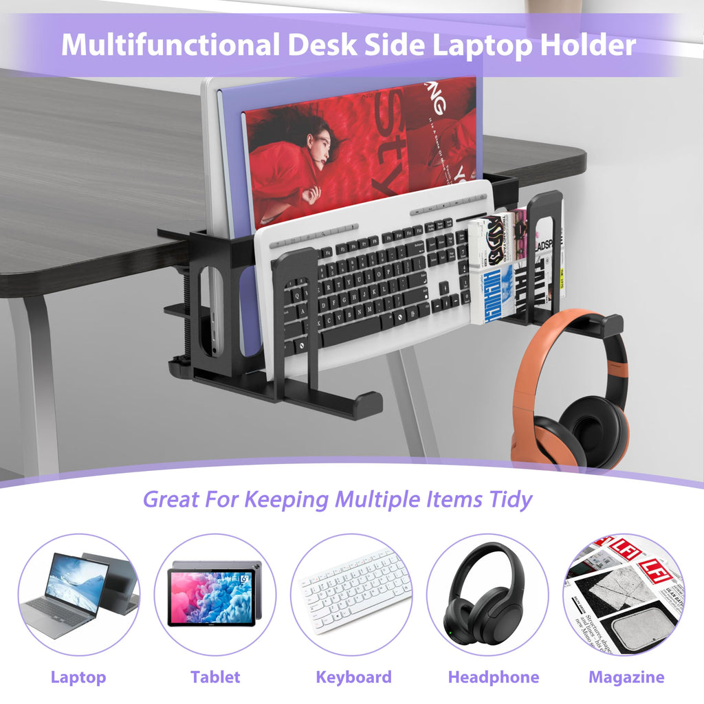 ROLIZOE 6 in 1 Adjustable Under Desk Laptop Holder with Keyboard Tray & Headphone Stand No Drilling Clamp On Magazine File Holder Vertical Laptop Stand Desk Side Storage Fits Up to 4.5cm Table Thick