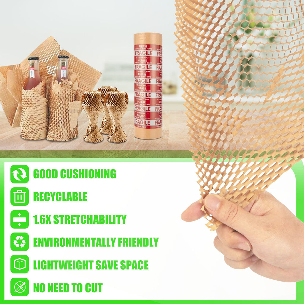 Honeycomb Packing Paper, MINHAO 15"x230' Eco Friendly Packing Paper for Moving Recyclable Honeycomb Paper Moving Supplies Bubble Wrapping Protective Roll, With 36 Fragile Sticker Labels