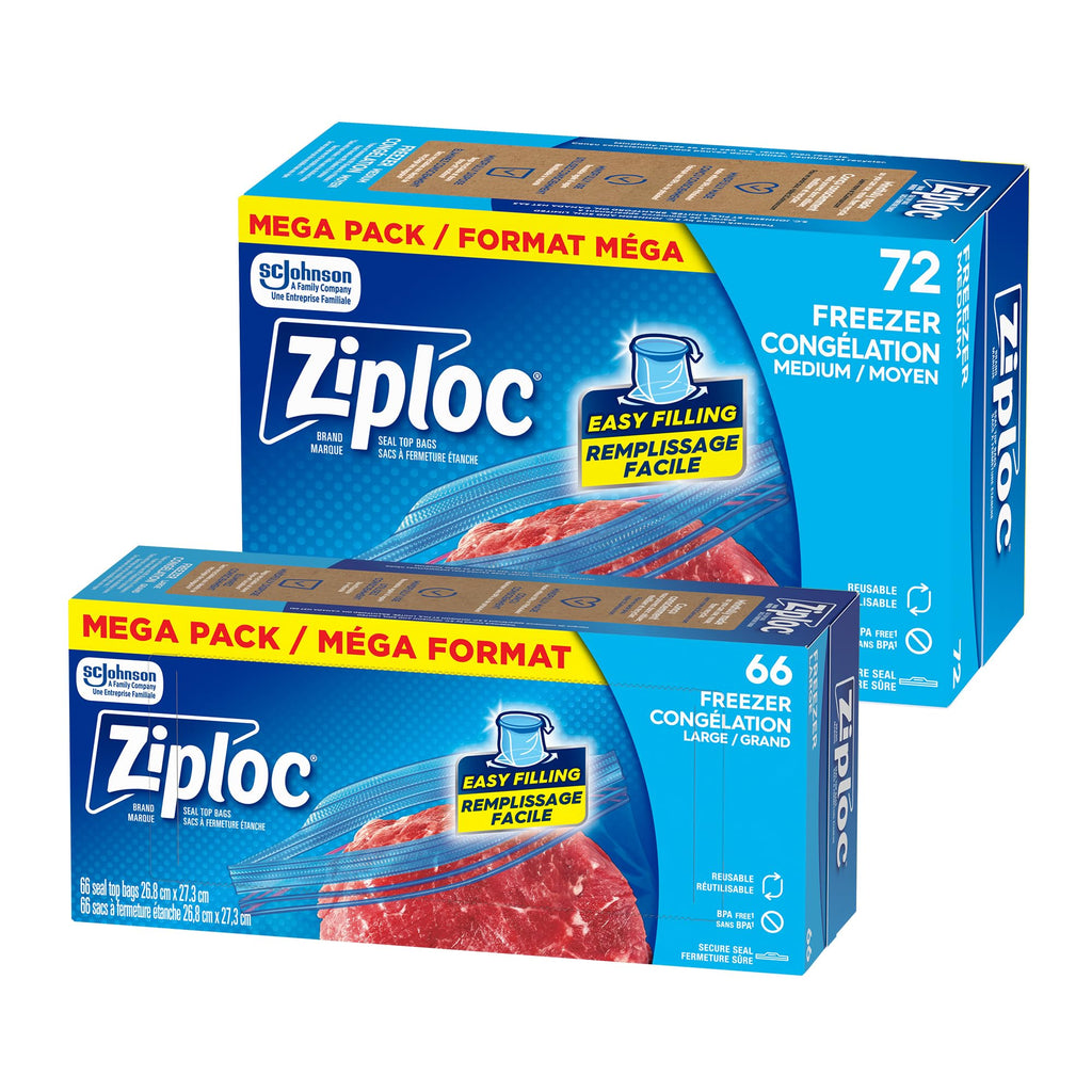 Ziploc® Medium and Large Freezer Bags, Prevents Freezer Burn, Microwave & Freezer Safe, New Stay-Open Design, Stand-Up Bottom, BPA Free, 2 Pack