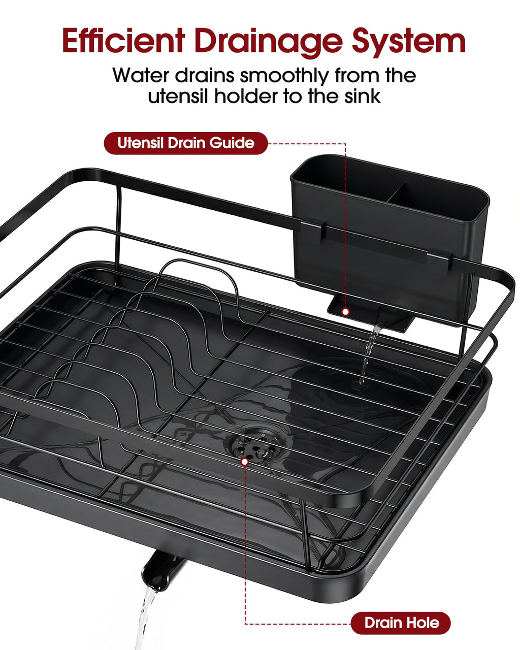 Sakugi Dish Drying Rack - Compact Dish Racks with Drain Board for Kitchen Counter, Durable Stainless Steel Dish Rack Used in Sink & on Countertop, Dark Black, Large