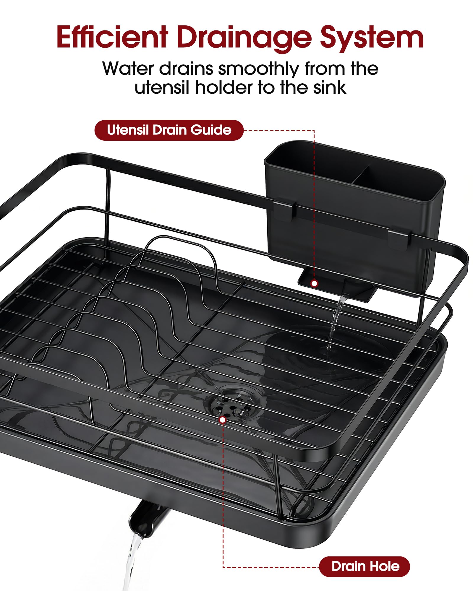 Sakugi Dish Drying Rack - Compact Dish Racks with Drain Board for Kitchen Counter, Durable Stainless Steel Dish Rack Used in Sink & on Countertop, Dark Black, Large