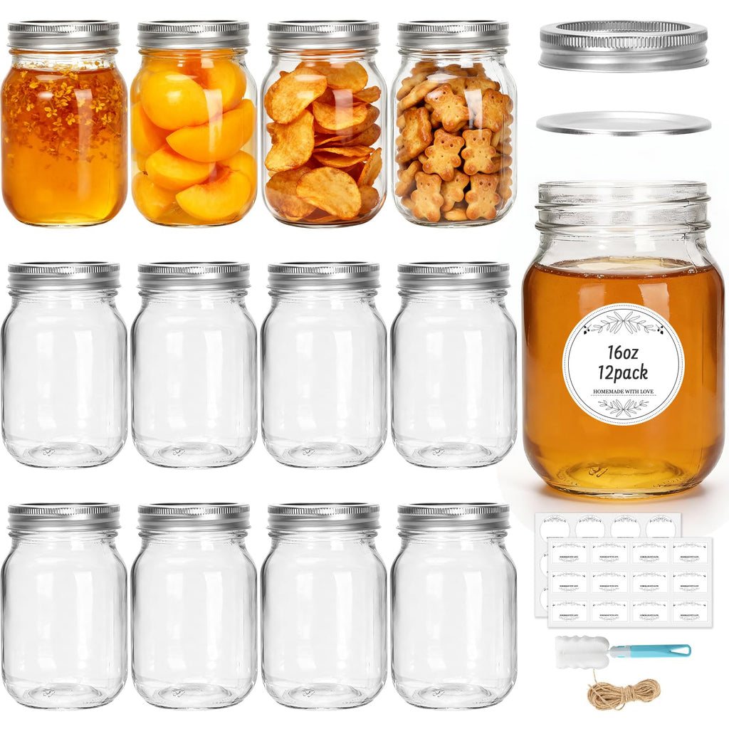 Cehomi Glass Mason Jars 16 oz with Lids - 12 Pack Regular Mouth Canning Jars,Clear Glass Jars for Food Storage, Canning, Pickling, Dry Goods, Snacks, Candies, and DIY Projects