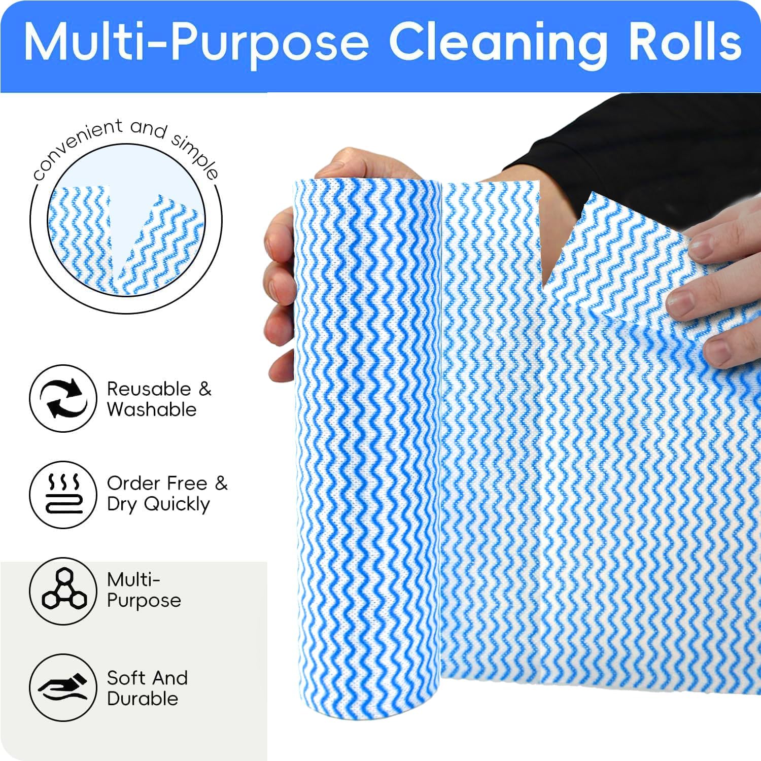 JEBBLAS Disposable Cleaning Towels Reusable Paper Rolls Dish Cloths Handy Cleaning Cloth J Cloth Quick-Dry 50 Count/Roll Total 3 Roll Blue