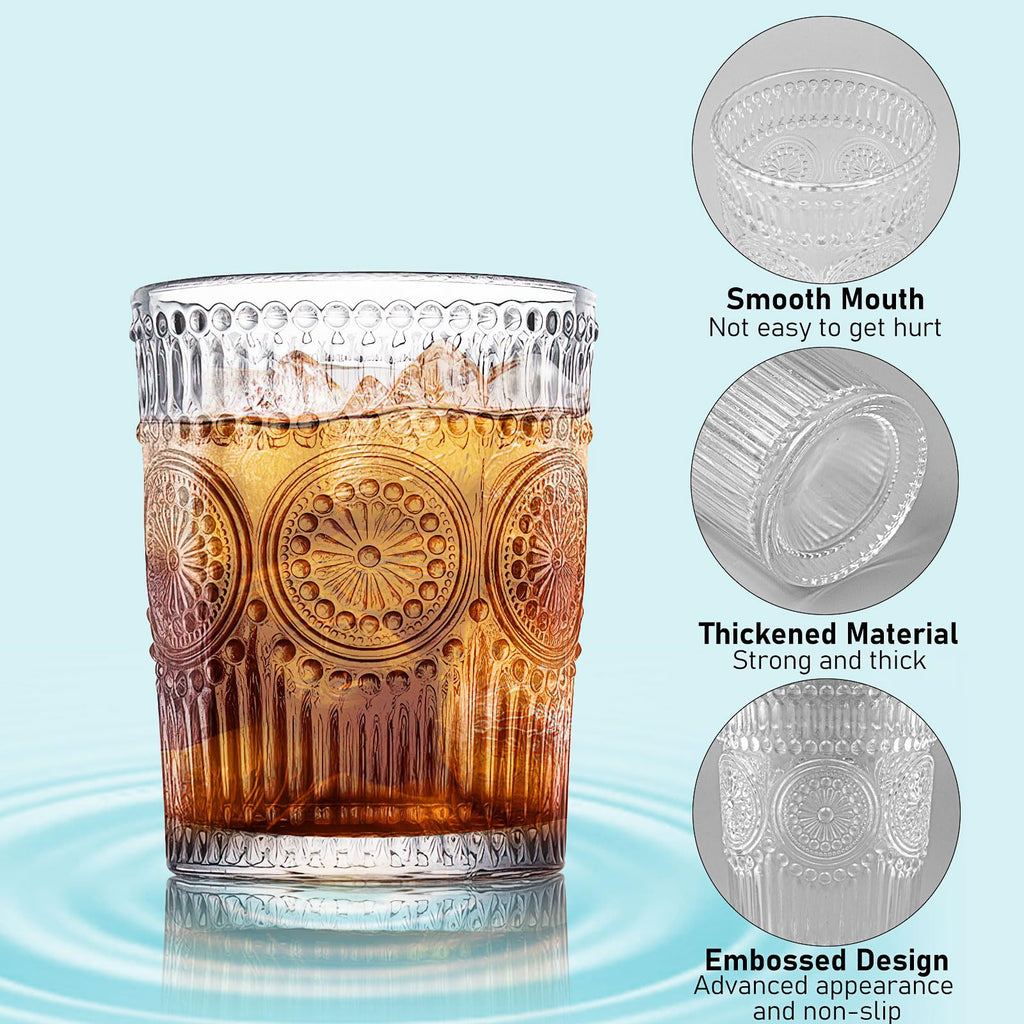 Vintage Drinking Glasses Set of 12, Textured Clear Striped Glass Cups, 10oz Ribbed Glassware Set, Tall Water Glass Tumblers, Mojito Cups, Cocktail Glass, Iced Coffee Cup, Bar Glassware