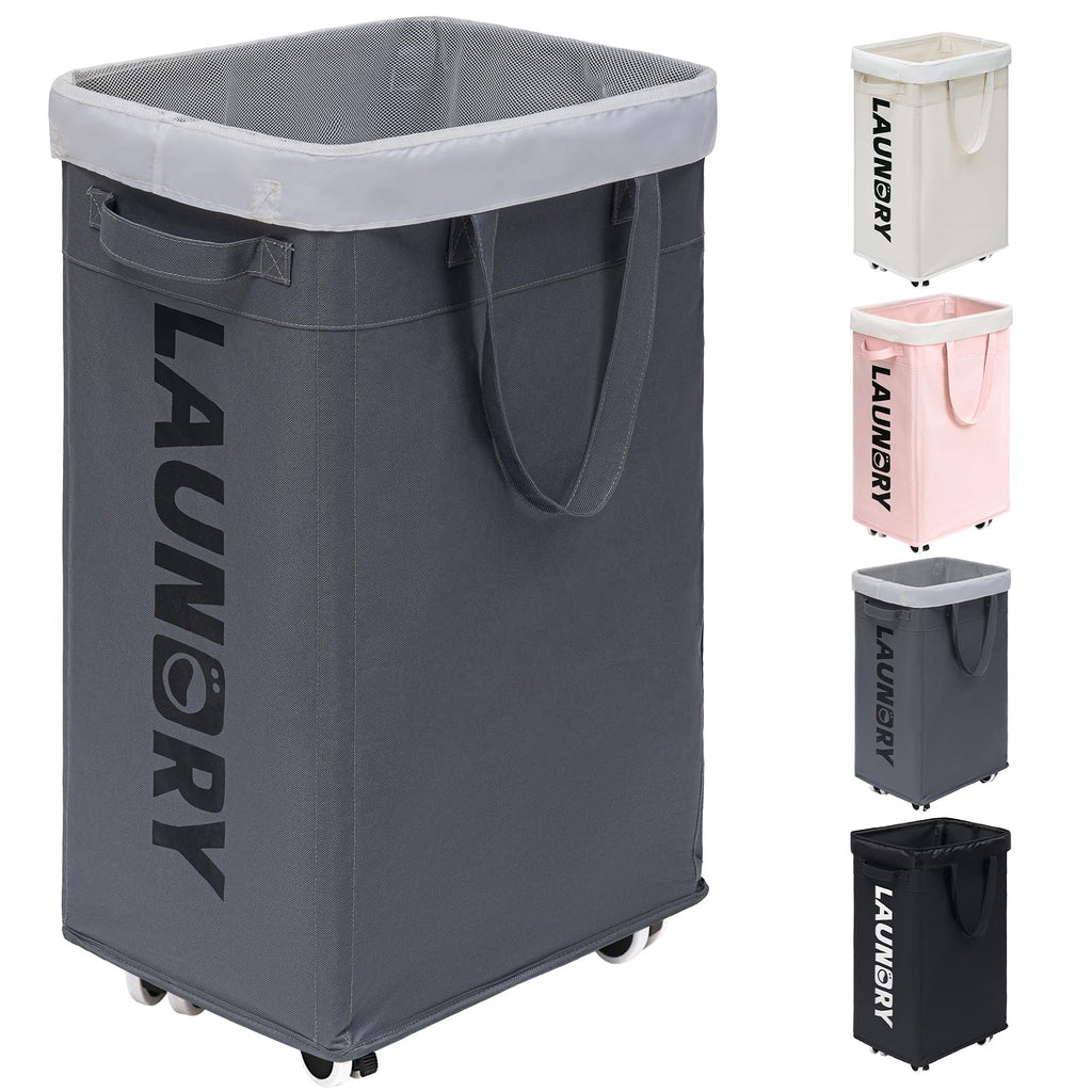 Goodpick 75L Large Laundry Hamper, Dorm Room Essentials, Laundry Basket with Wheels, Clothes Hamper with Removable Wash Bag for Bathroom, Grey
