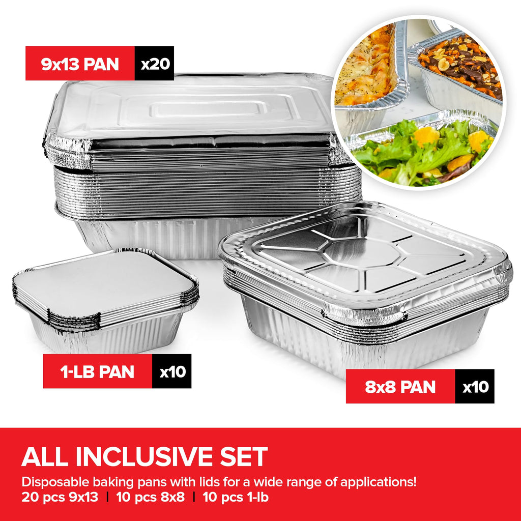 Stock Your Home Disposable Foil Pans with Lids (Set of 40) - Heavy Duty Aluminum Trays (20) 9x13, (10) 8x8, (10) 1-Lb Baking Tins with Covers for Cooking, Heating, Storing, Holiday Dinner Meals