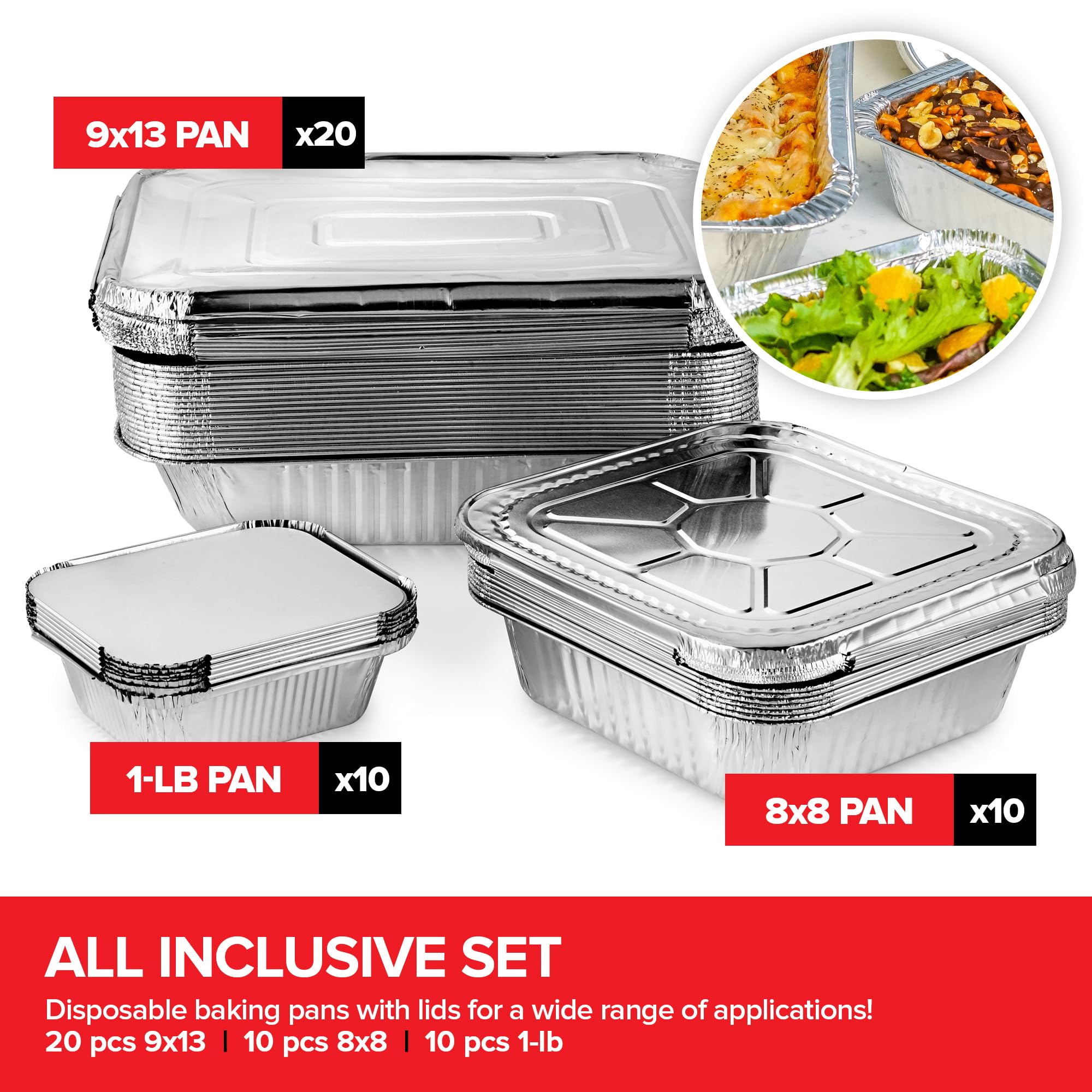 Stock Your Home Disposable Foil Pans with Lids (Set of 40) - Heavy Duty Aluminum Trays (20) 9x13, (10) 8x8, (10) 1-Lb Baking Tins with Covers for Cooking, Heating, Storing, Holiday Dinner Meals