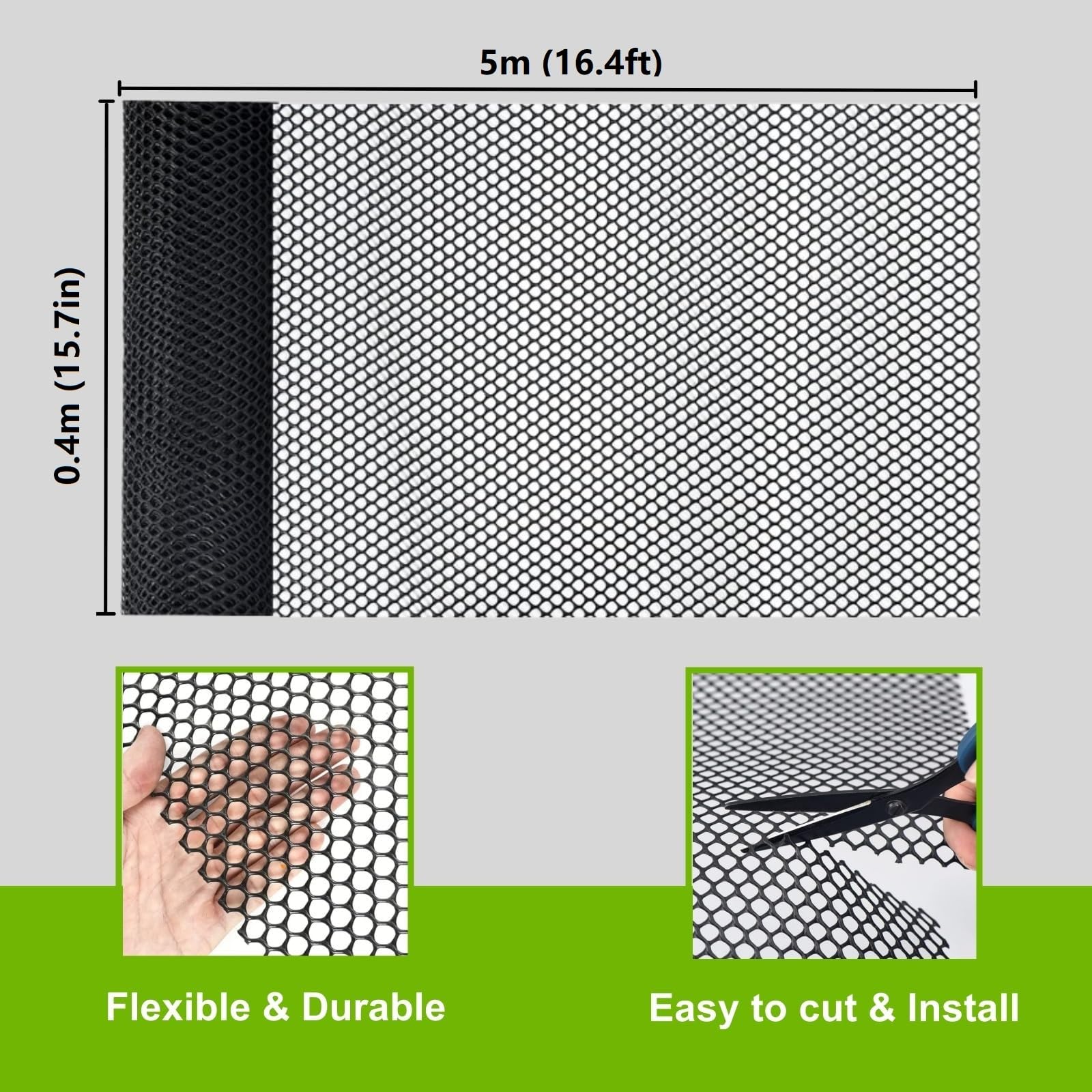 GENNIZZ Plastic Chicken Wire Mesh, 0.4m x 5m Plastic Wire Mesh Fence Roll, Garden Netting Fencing Barrier for Poultry,Dog (15.7IN x 16.4FT, Black)