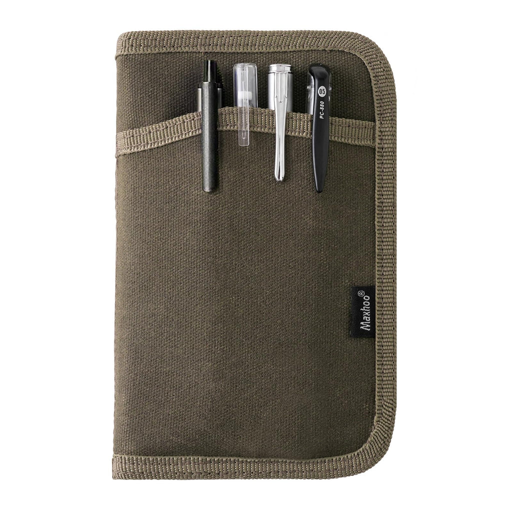Maxhoo Journal Cover for Field Notes & Moleskine Cahier 3.5 x 5.5, Waxed Canvas Notebook Planner Sketchbook Cover with Zipper Pen Holder (Olive)