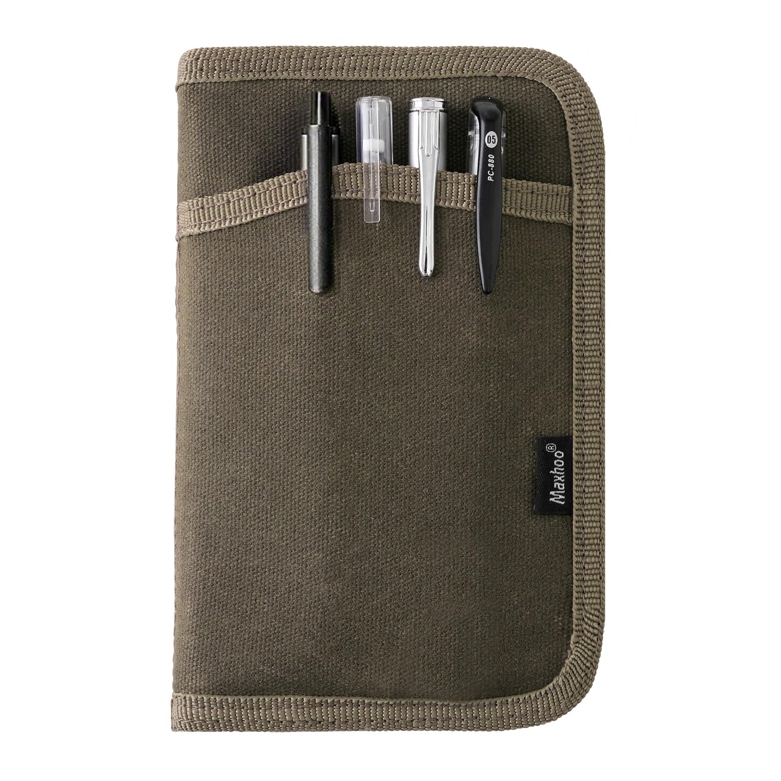 Maxhoo Journal Cover for Field Notes & Moleskine Cahier 3.5 x 5.5, Waxed Canvas Notebook Planner Sketchbook Cover with Zipper Pen Holder (Olive)