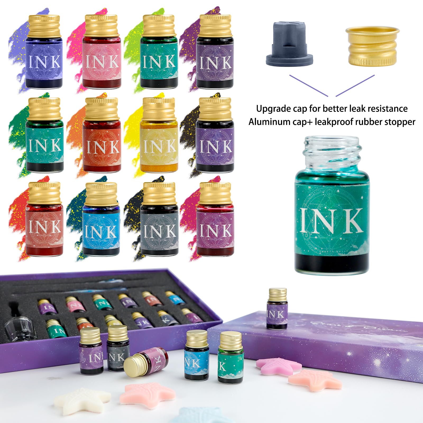 PDCTACST Glass Dip Pen Ink set, 12 Colors Calligraphy Ink Set with 1 Crystal Glass Pen, 12 Multicolor Ink, Pen Holder Cleaning Cup Ink Drip Tool for Art Writing Signature Beginners Valentines Day Gift