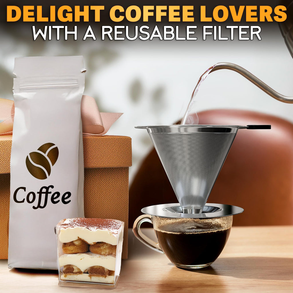 Pour Over Coffee Dripper - 3.18x4.48 Stainless Steel Pour Over Coffee Maker with Large Plastic Handle, Wide Secure Base and a Brush for Cleaning - Ensures Well-Balanced and Reach Tea Infuser