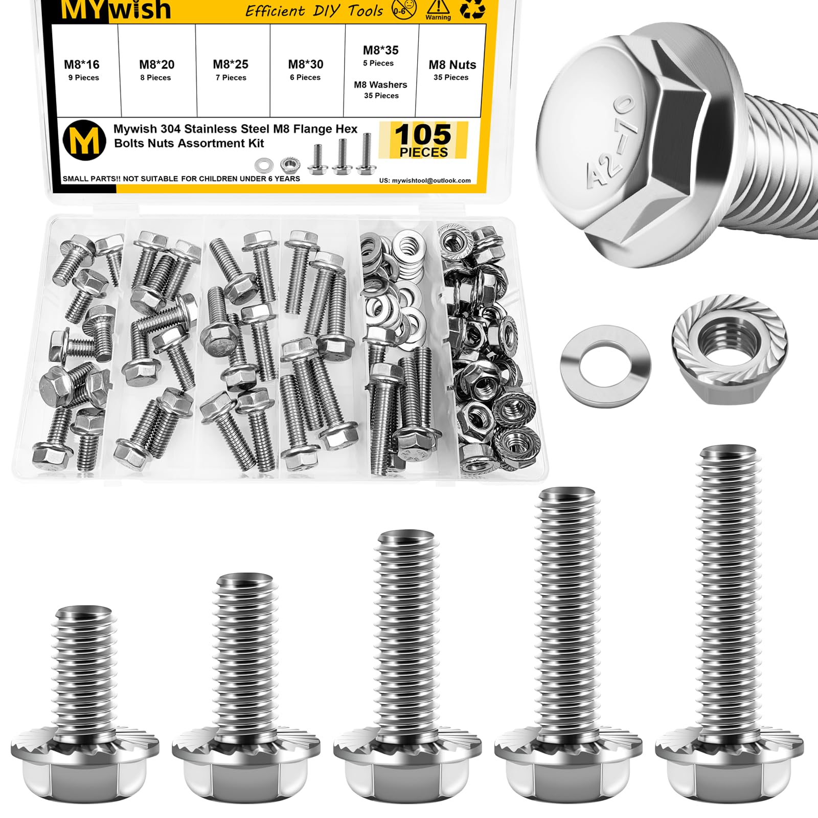105Pcs M8x1.25 Bolt x 16/20/25/30/35mm Flanged Hex Head M8 Bolt, M8 Screws 304 Stainless Steel Nuts and Bolts Assortment Kit, DIN 6921, Serrated Metric Bolt Assortment by Mywish