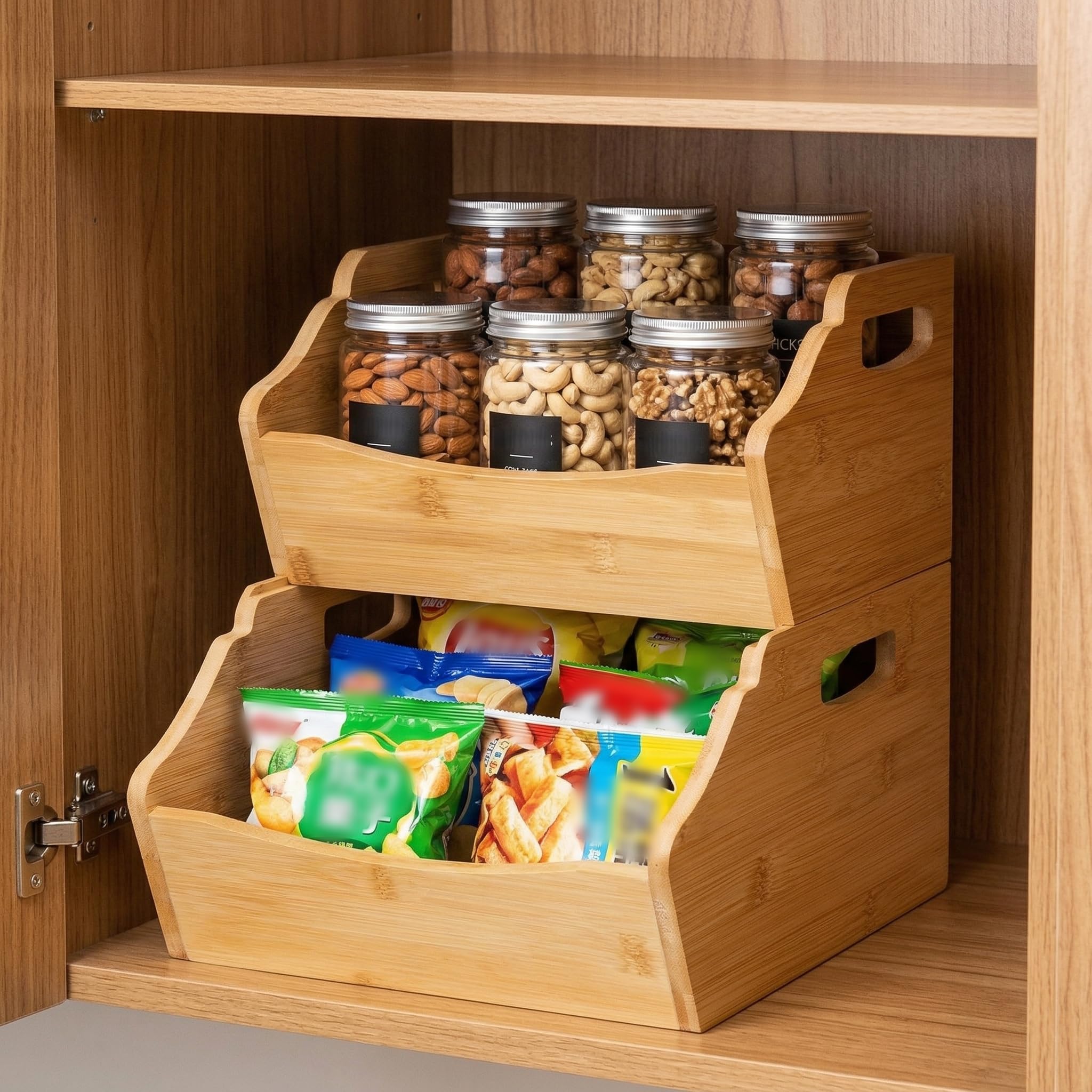 Cididu 2 Pack Bamboo Stackable Storage Bin, Countertop Open Front Stacking Bins, 2 Tier Organize Basket Box with Handle, Food Fruit Container for Cabinet, Kitchen, Studio, Office
