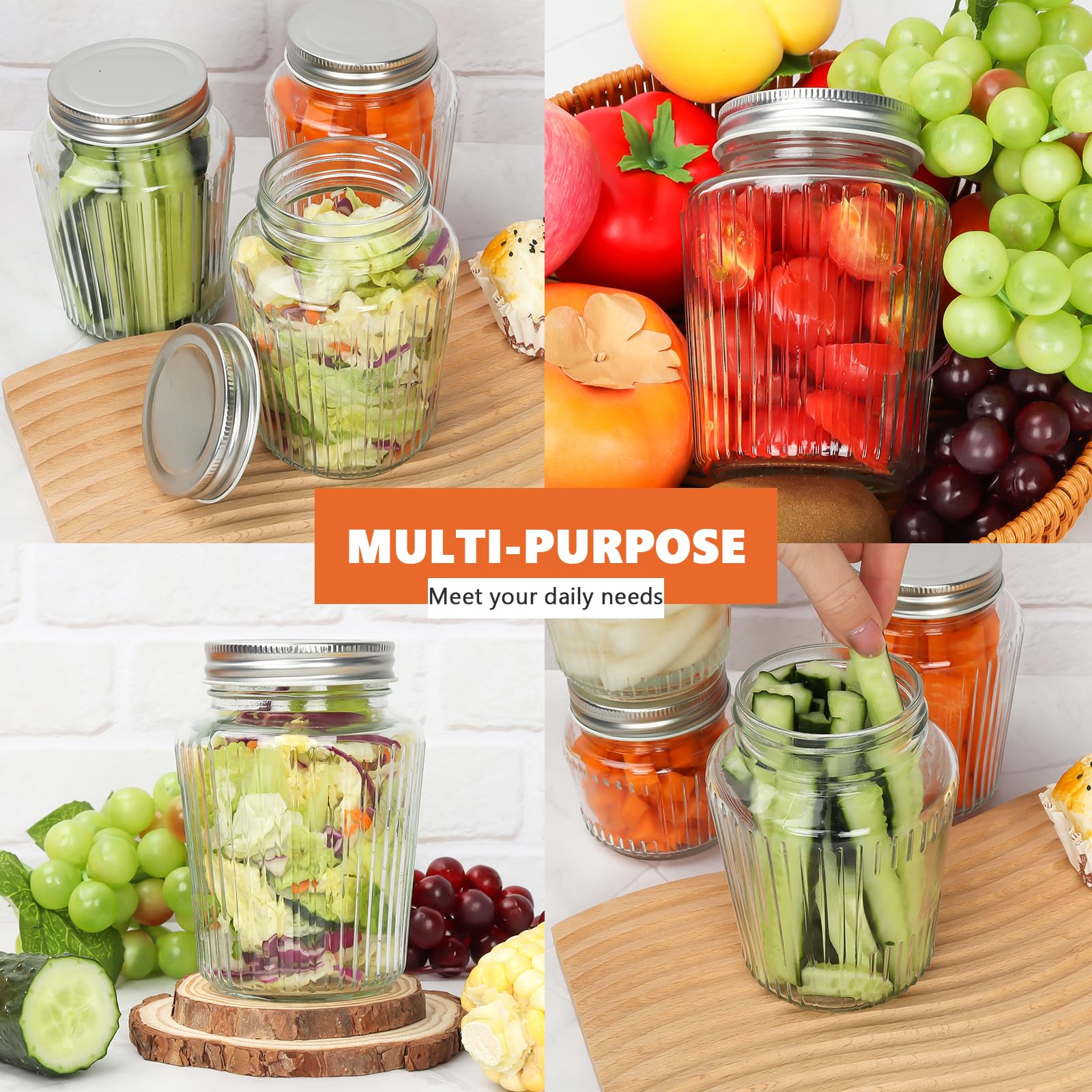 Glass Mason Jars with Lids - 16 oz Vintage Canning Jars, Pickling Jars for Jelly, Jam, Honey, Pickles, Spice, Essential Preserver for Home Storage and Gifting 4 Pack