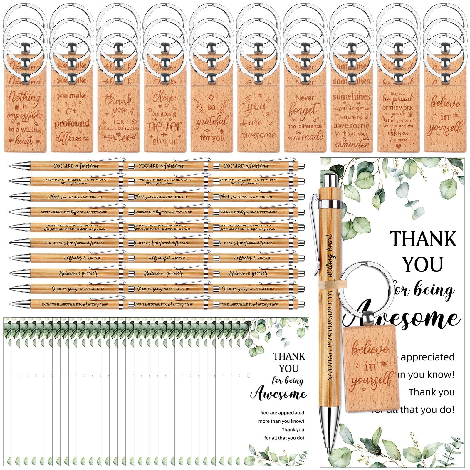 30Set Thank You Bulk Gifts Inspirational Quote Pens Motivational Ballpoint Pen Thank You Cards Inspirational Keychains Employee Appreciation Gifts for Coworker Staff Teacher Nurse Volunteer Leave Gift