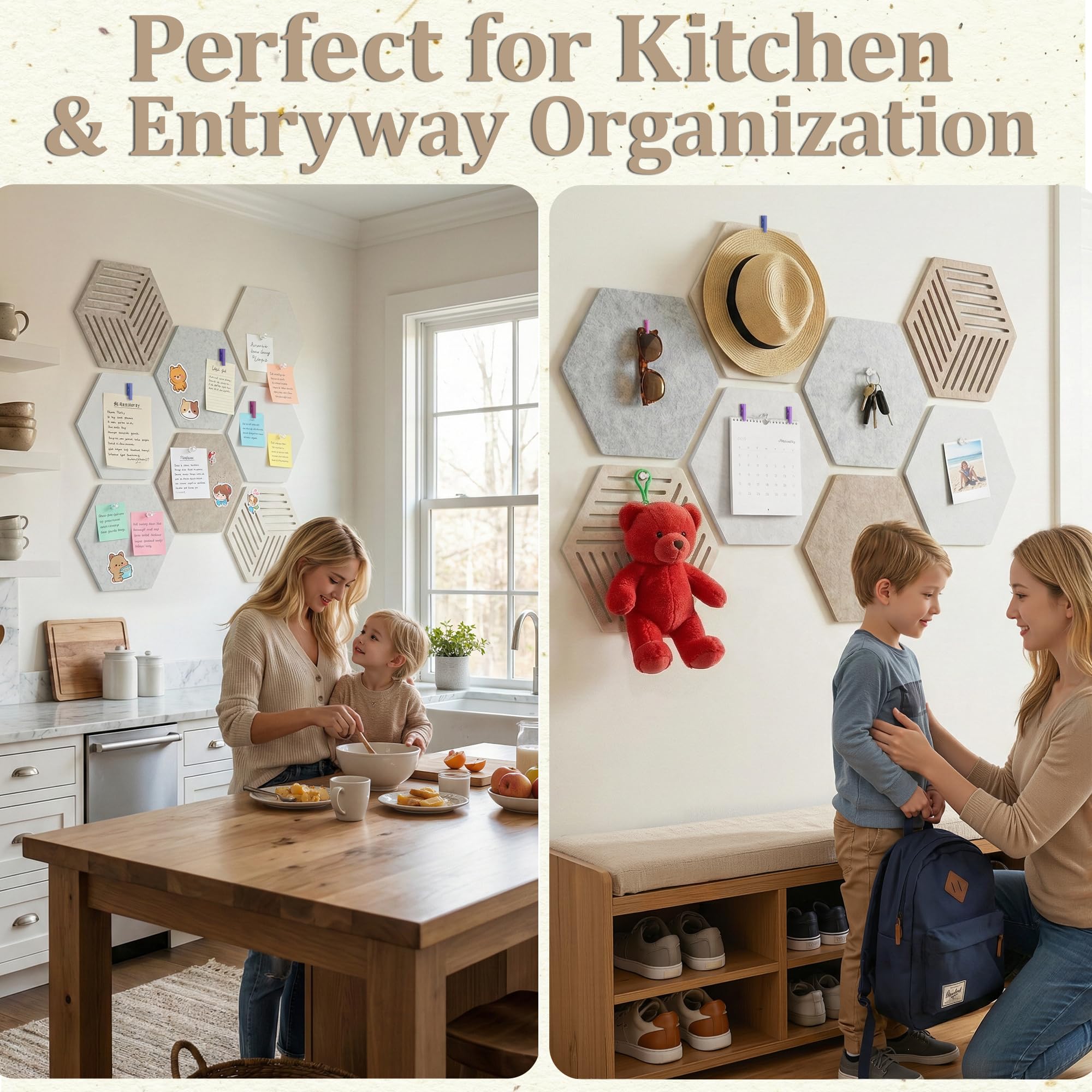 Hexagon Large Felt Bulletin Board Tiles - Cork Board Alternative for Wall 8 Pack Pin Board with 40 Push Pins, DIY Decor for Office Home Classroom Photos Memos