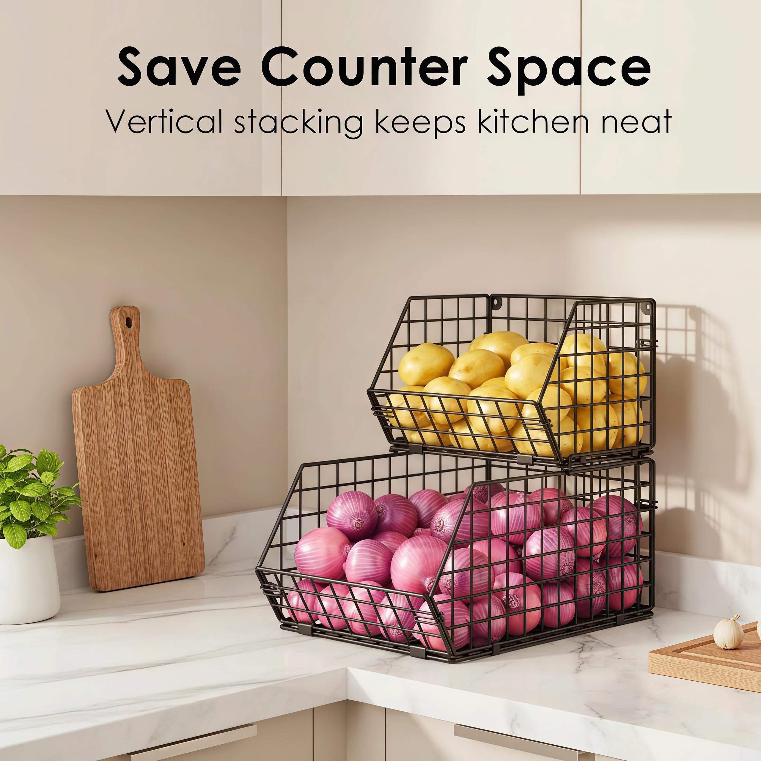 2-Tier Stackable Fruit Basket for Counter, Potato and Onion Storage Bin - Vegetable Basket for Kitchen, Wire Basket for Pantry Organizers- Metal Baskets for Snack Produce Can