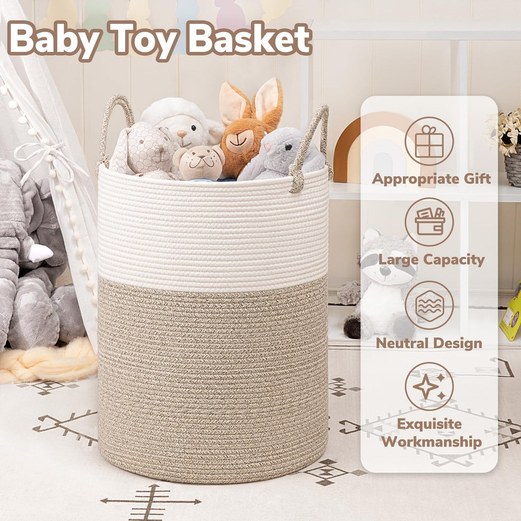 INDRESSME Large Laundry Hamper, 55L Baby Laundry Hamper for Toys, Tall Woven Laundry Basket for Clothes, Blanket Storage Basket for Living Room, 19.7 x 13.8 inches, Light & Brown