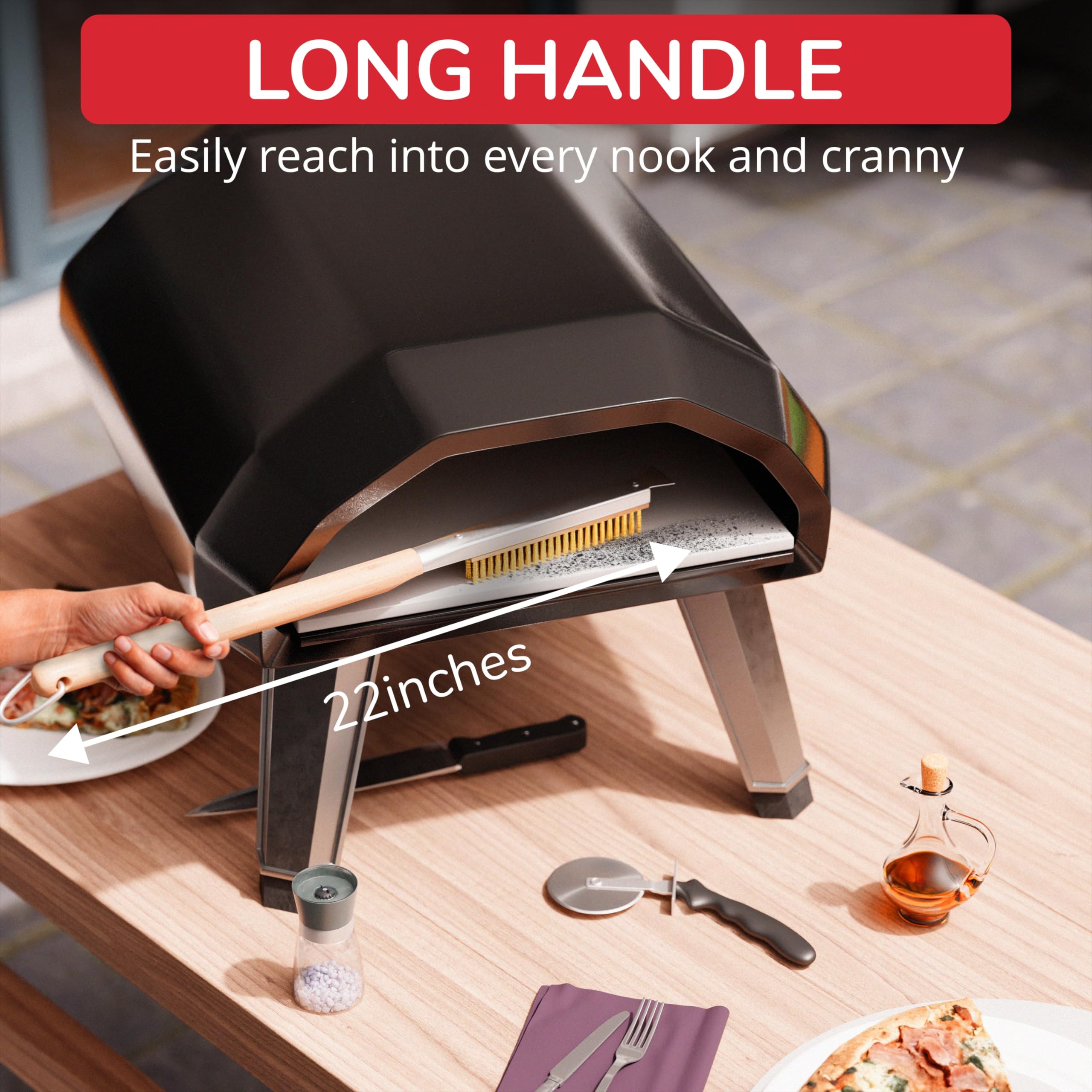 22” Pizza Oven Brush with Stone Scraper - Stainless Steel Bristles, Extra Long Handle, Heat-Resistant - Compatible with Ooni Ovens
