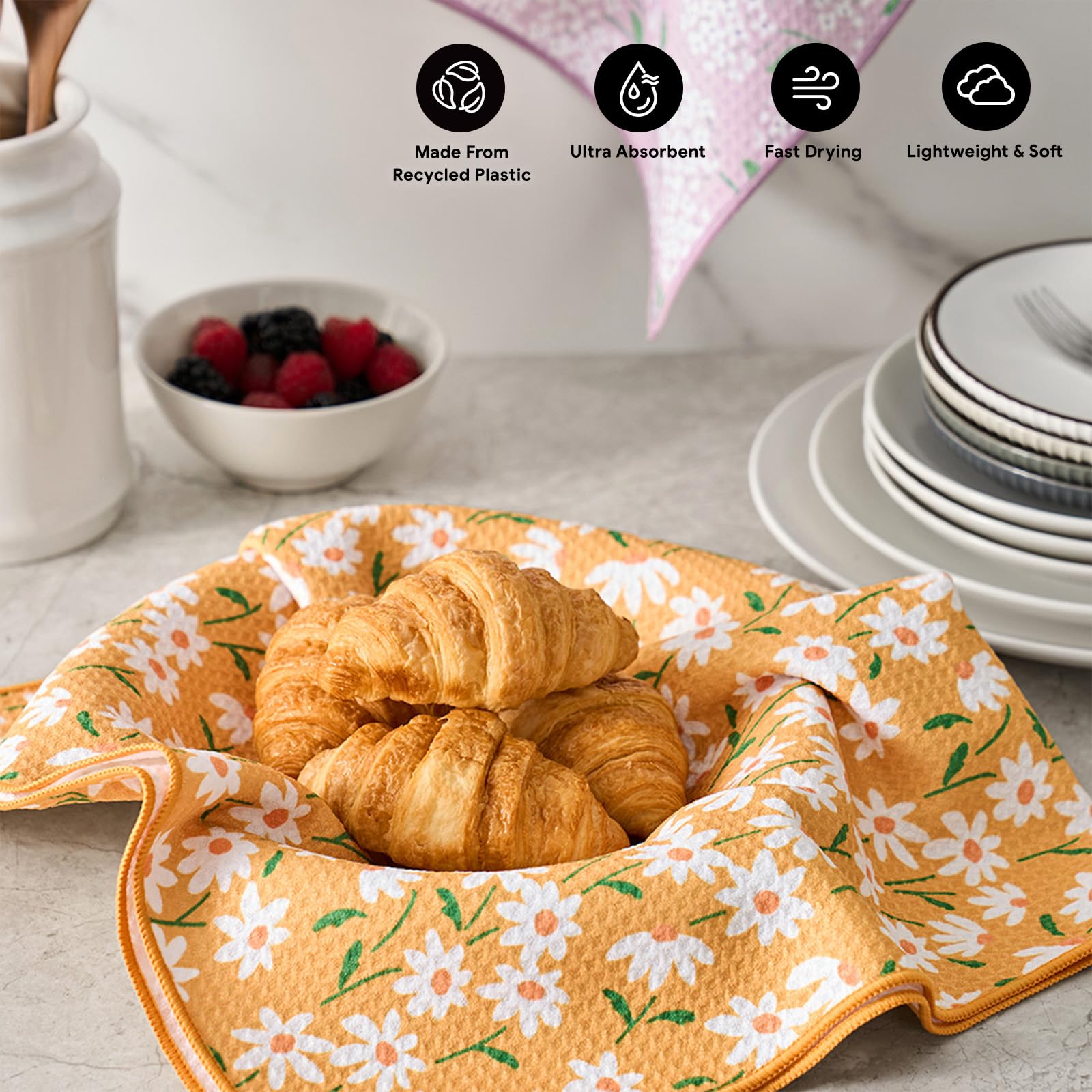 RECYCO Waffle Kitchen Towel Set of 2 - Quick Dry Microfiber Sustainable Dish Towels - Ultra Absorbent Reusable Cleaning Tea Towels - Lightweight Hand Towels,16”x 28”, Matisse Floral